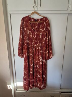 City Chic Burnt Orange & Cream Leaf-Print Maxi Dress
